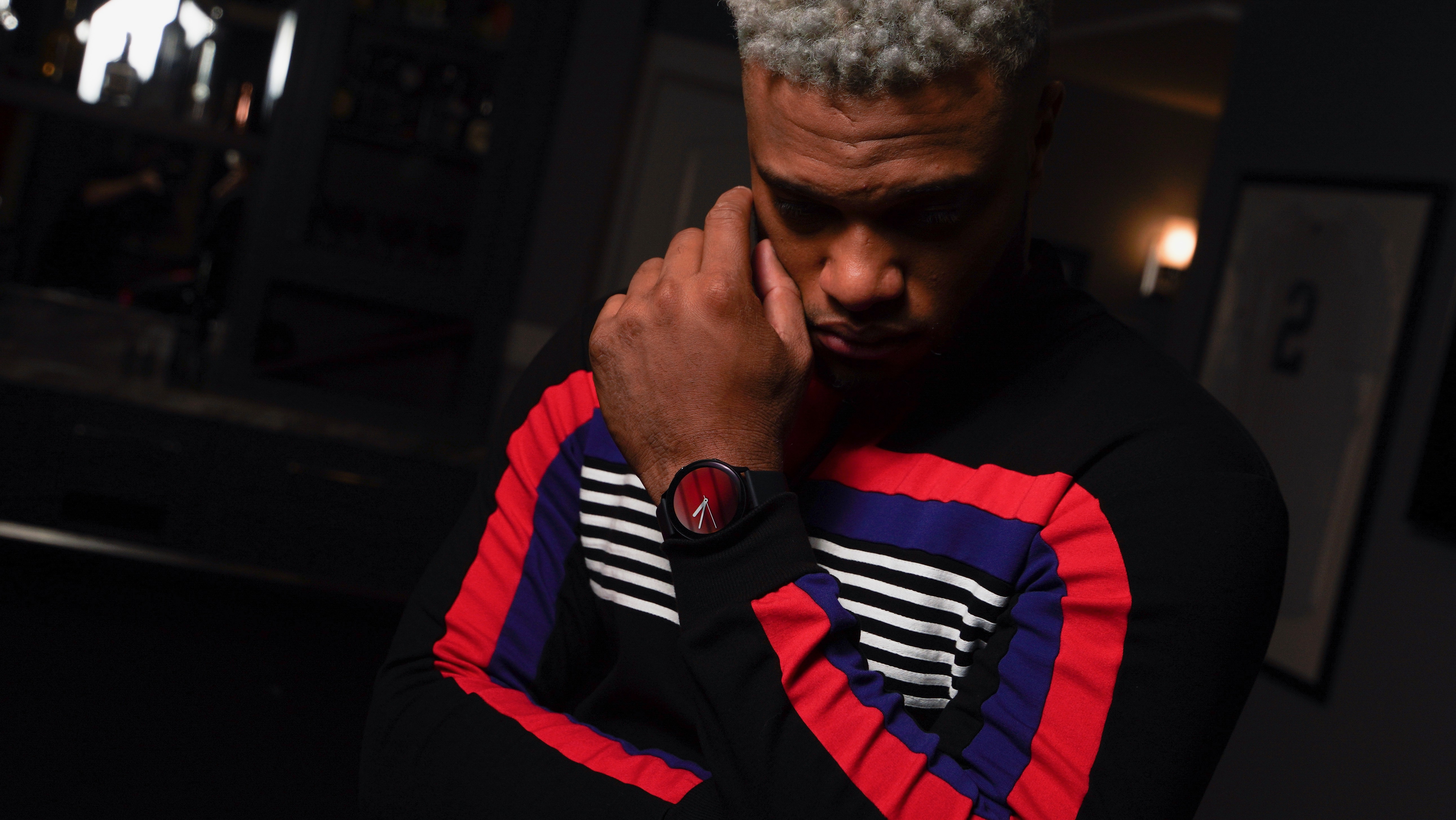 Pro baseball player Robinson Cano wears the 44mm Galaxy Watch Active2 in Black with a custom watch face from the My Style feature and the Grungy Gentleman Tron Tracksuit.