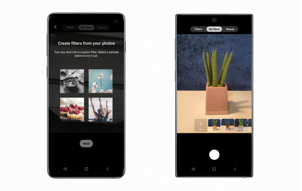Custom Filter introduction on the Galaxy S10 (left), How Custom Filter is used on the Galaxy Note10