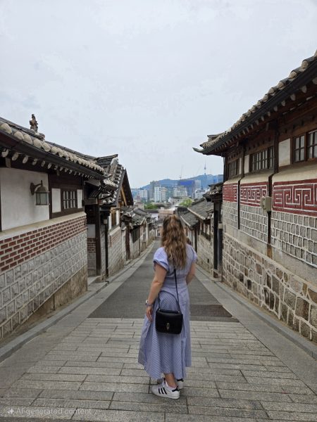 Woman posing for a photo in a traditional Korean village.