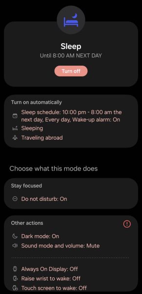 Screenshot of Modes and Routines app for sleep settings.