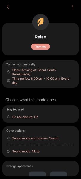 Screenshot of Modes and Routines app showing a sleep routine.